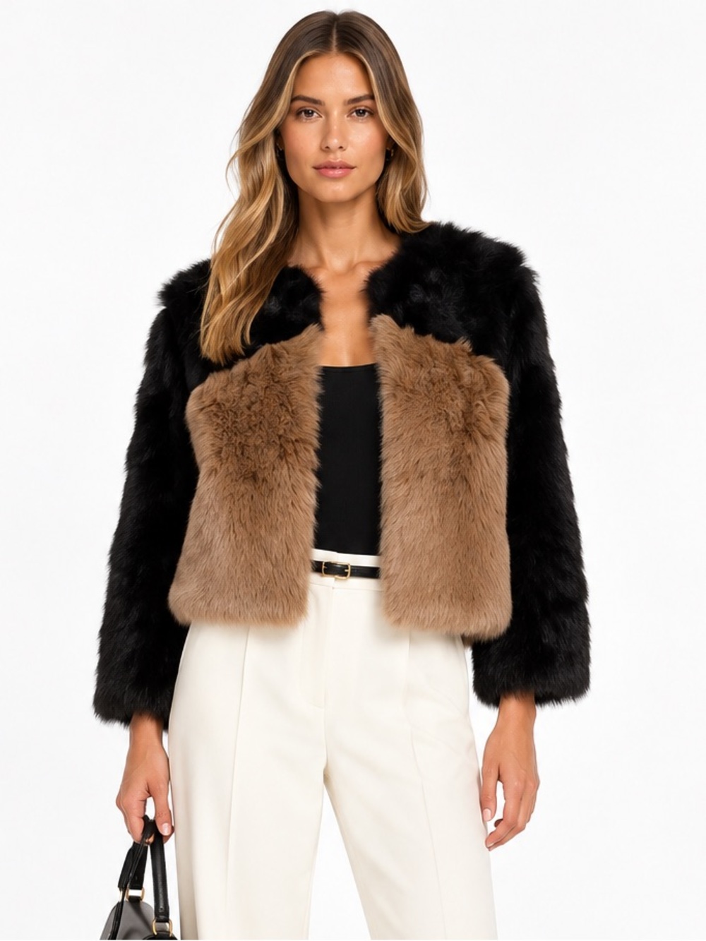 Club Monaco Genuine Lamb Fur Jacket Black Taupe Colorblock Cropped Coat